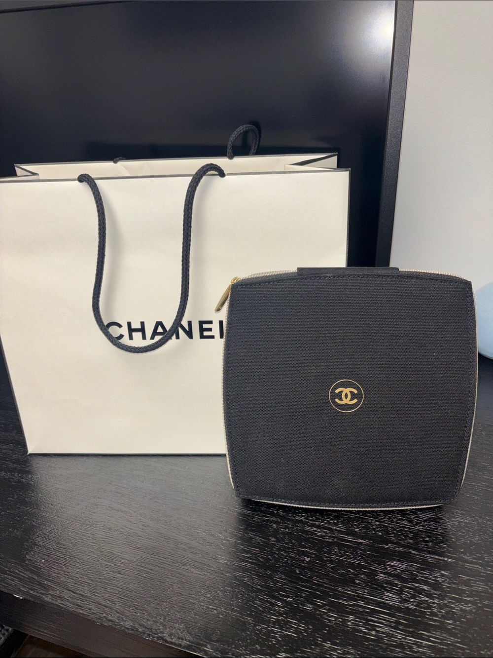 Chanel GWP Black Canvas Cosmetic Vanity Case with Gold CC Logo